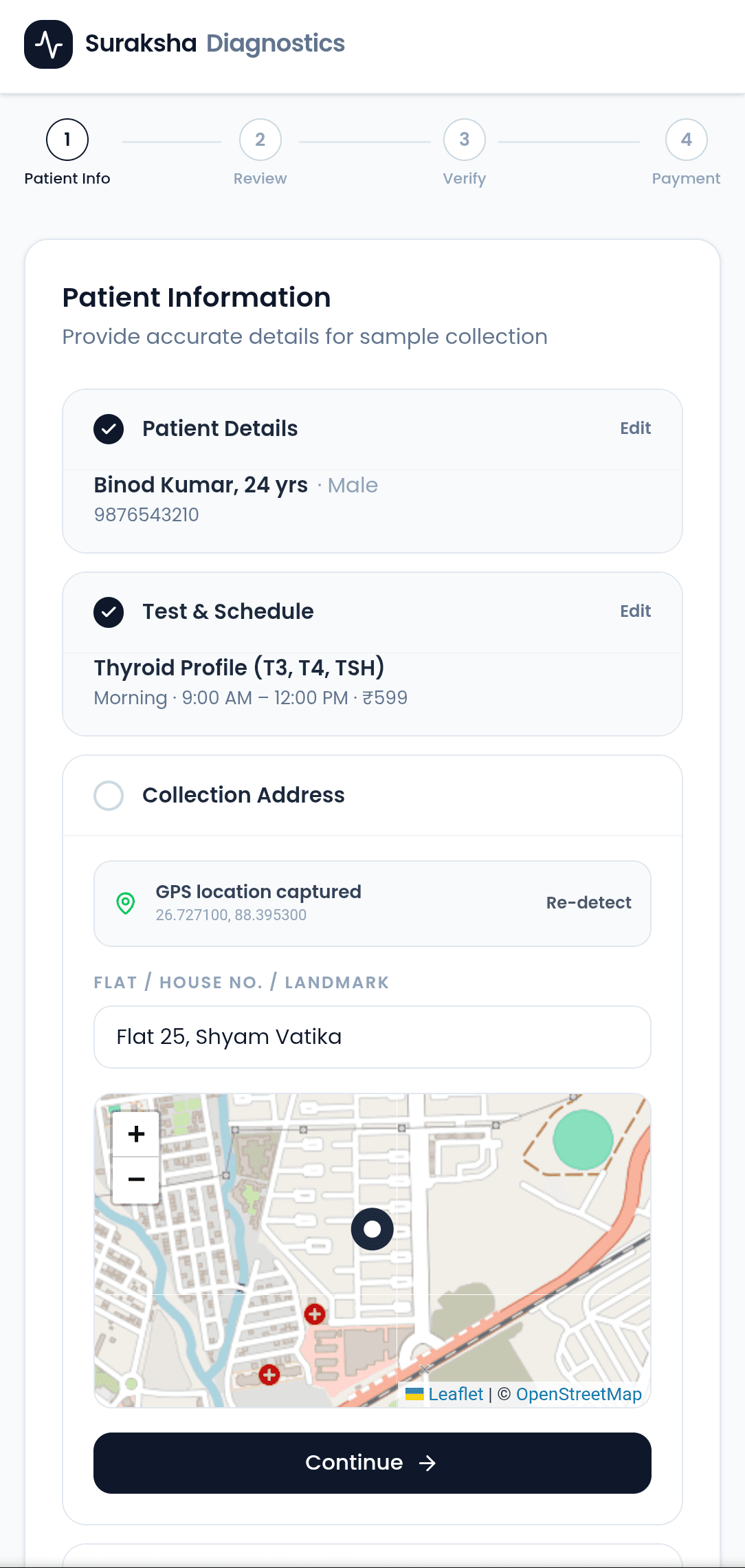 Screenshot of Online Collection Booking Page interface within the Diagnostic Centre Booking & Home Sample Collection App application