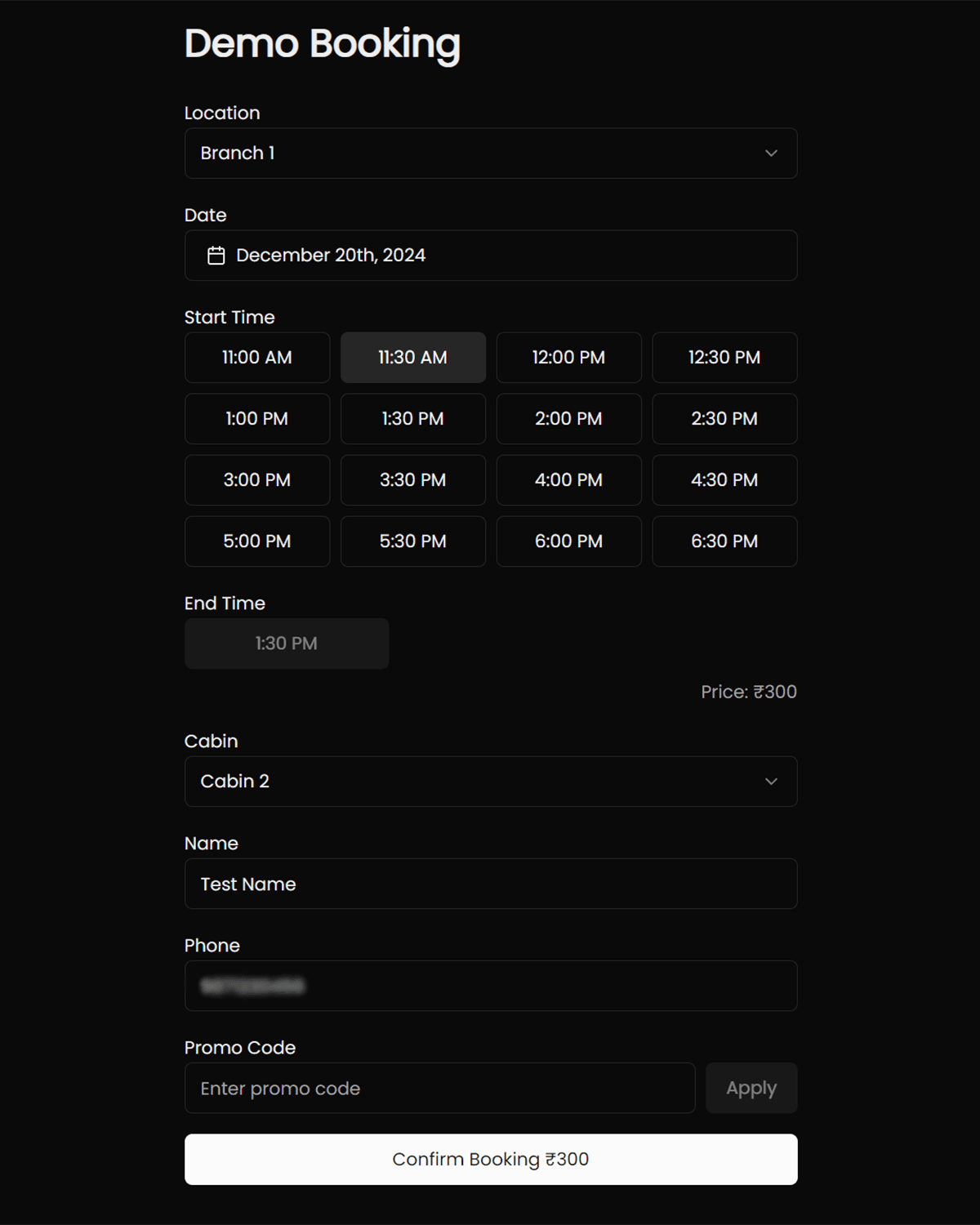 Screenshot of Booking Page interface within the Multi-Outlet Restaurant POS & Franchise Control System application