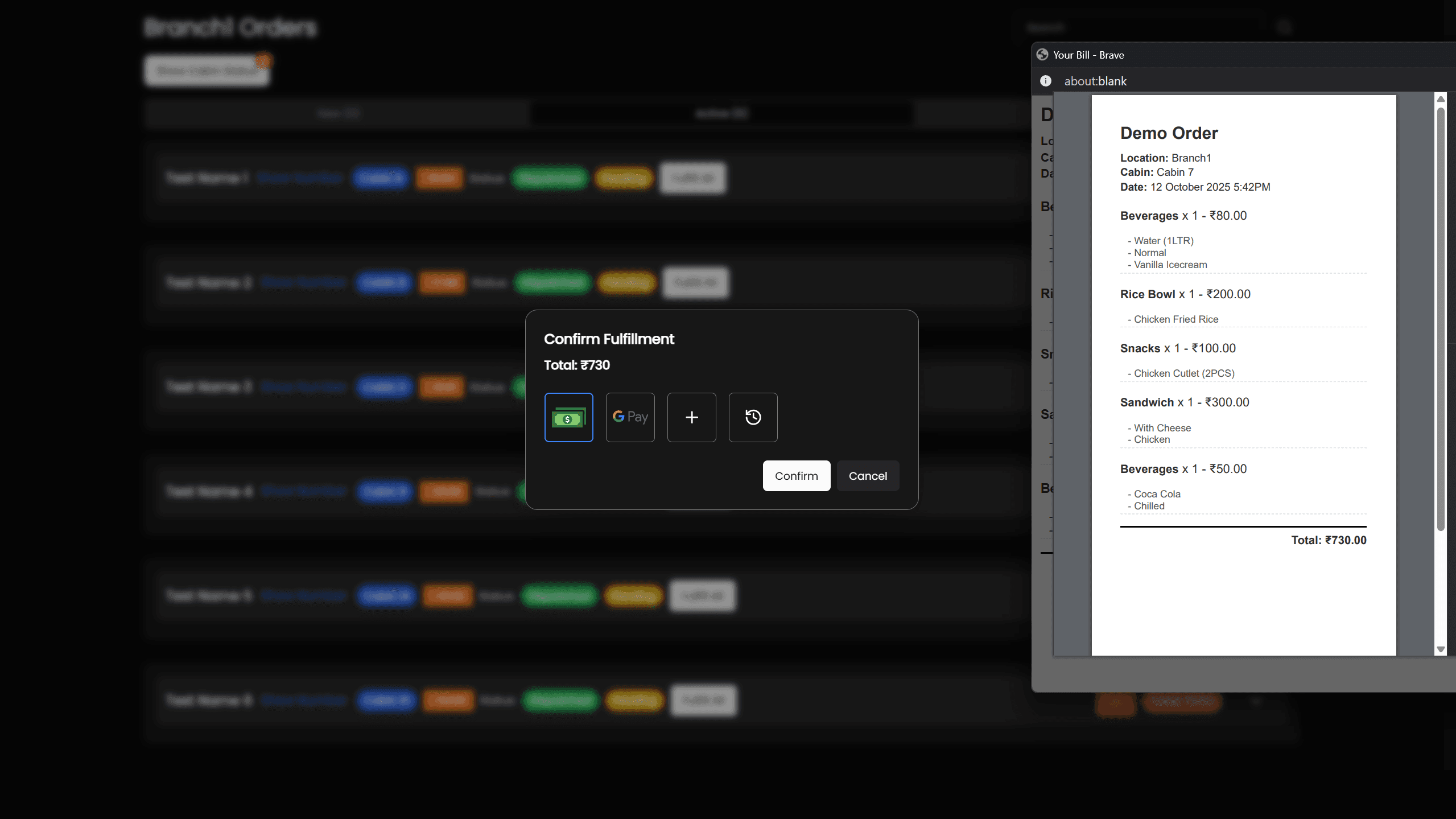Screenshot of Kitchen Display System (KDS) interface within the Multi-Outlet Restaurant POS & Franchise Control System application