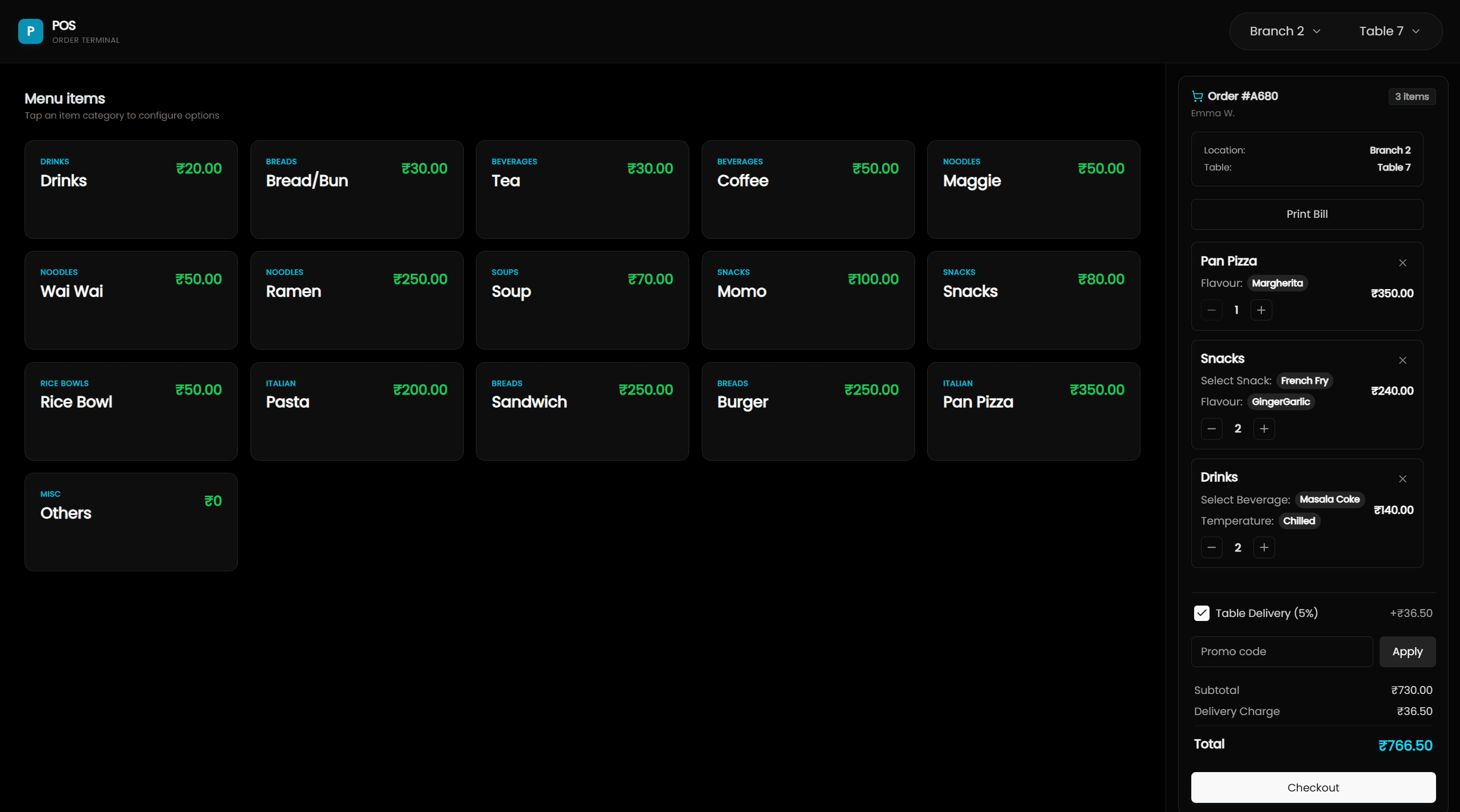 Screenshot of POS Terminal interface within the Multi-Outlet Restaurant POS & Franchise Control System application