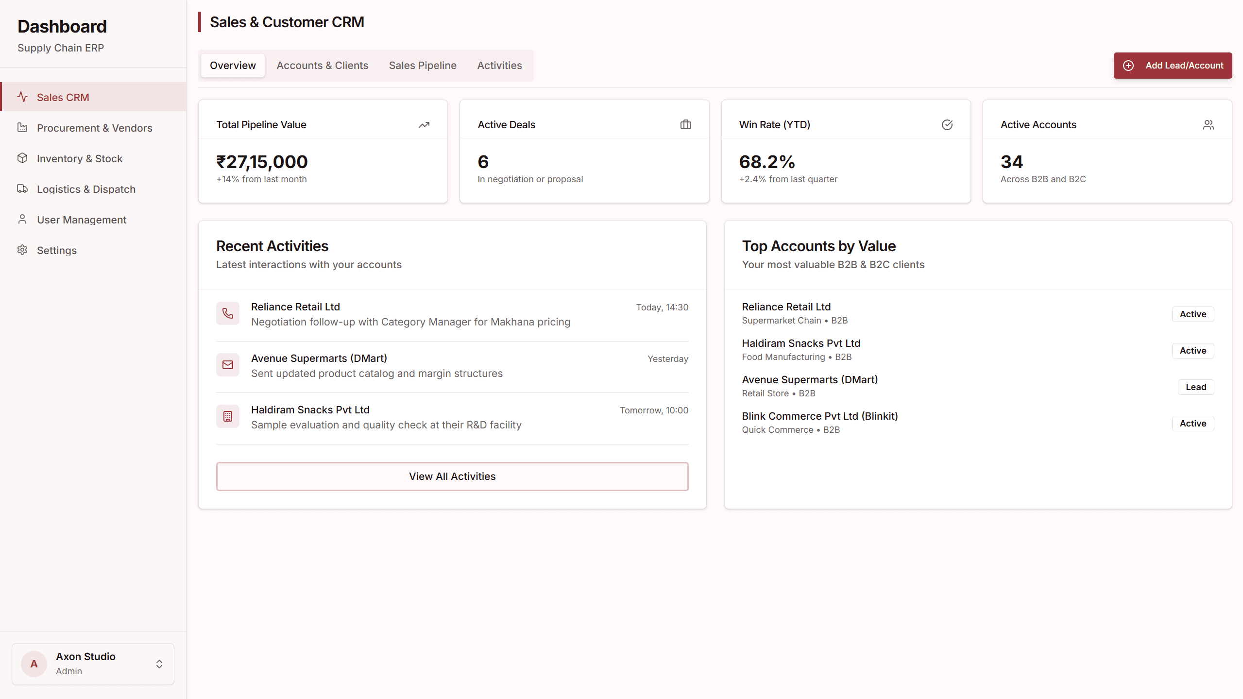 Screenshot of Sales CRM interface within the Manufacturing CRM & Supply Chain Suite application