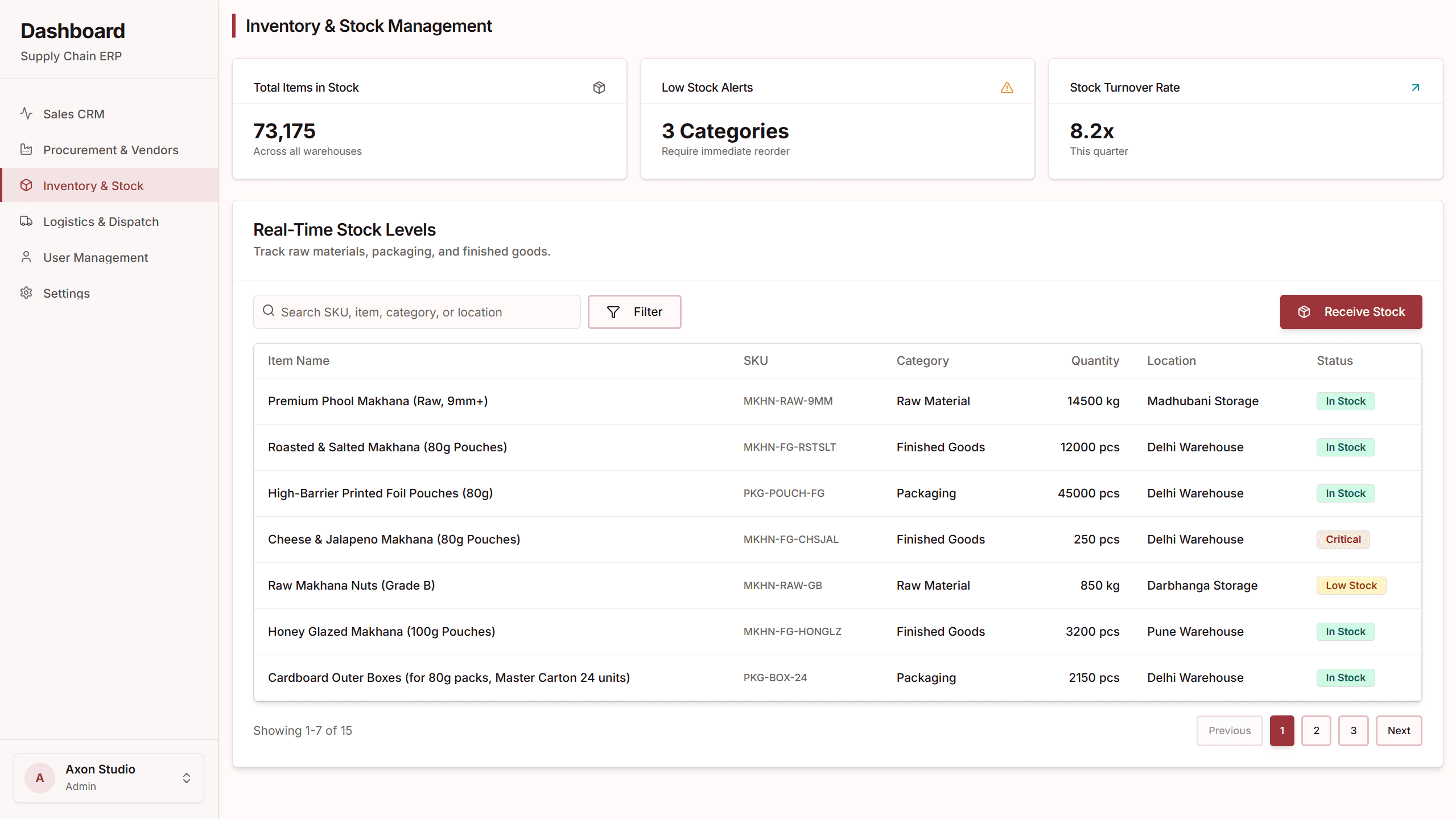Screenshot of Inventory Management interface within the Manufacturing CRM & Supply Chain Suite application