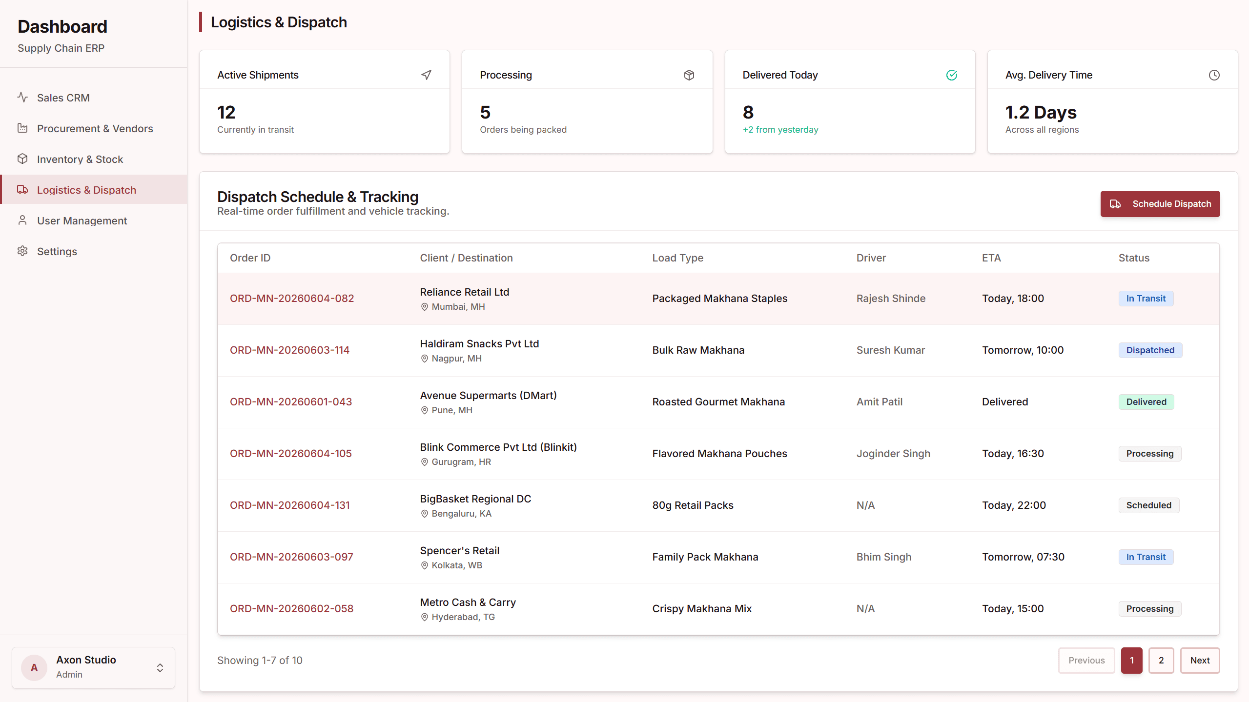 Screenshot of Logistics & Dispatch interface within the Manufacturing CRM & Supply Chain Suite application