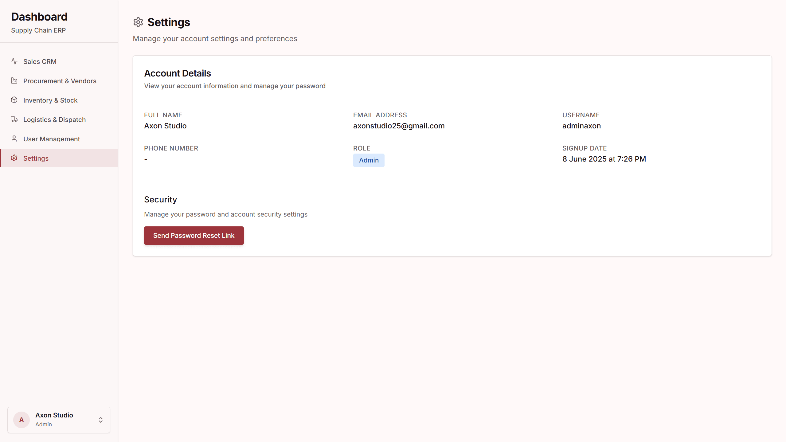 Screenshot of Settings interface within the Manufacturing CRM & Supply Chain Suite application