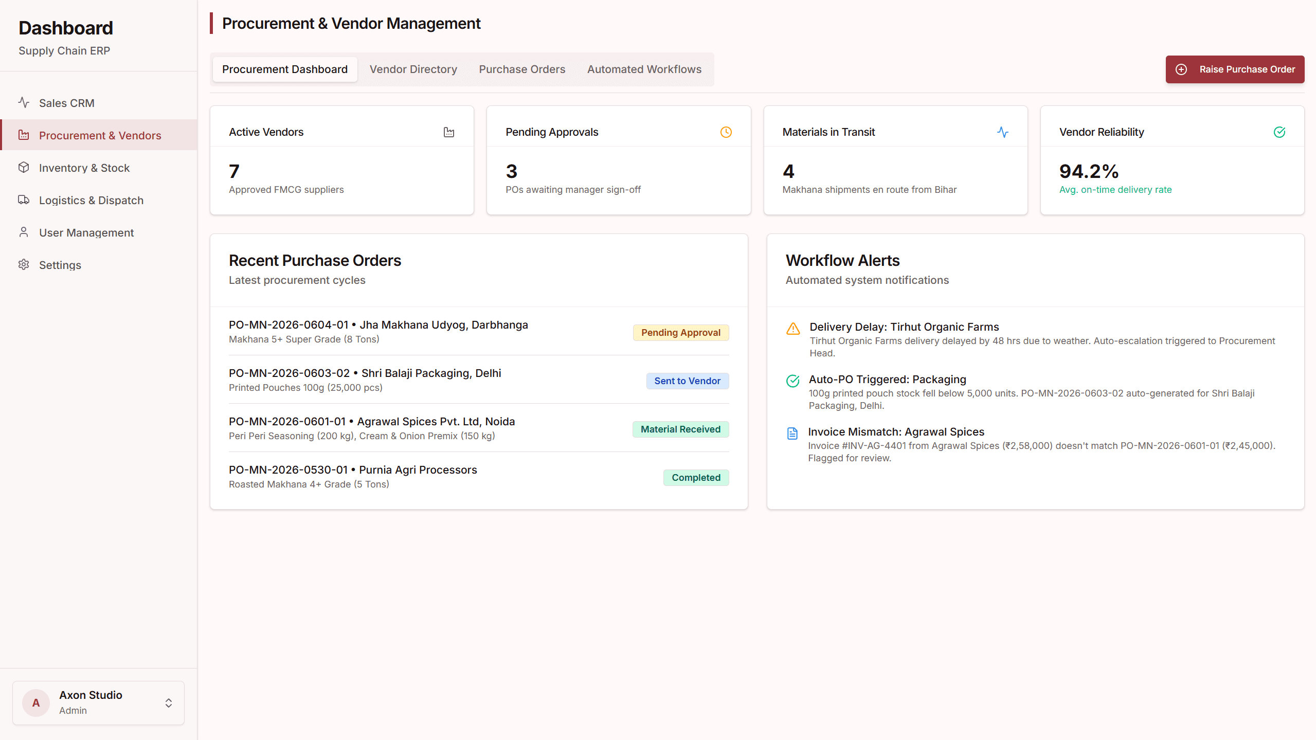 Screenshot of Supplier & Procurement Portal interface within the Manufacturing CRM & Supply Chain Suite application